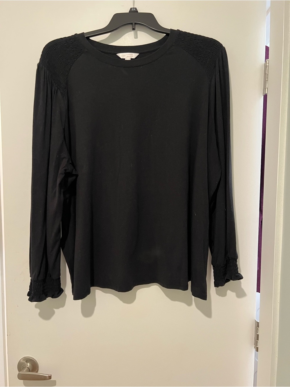 LC Lauren Conrad Black Long-Sleeve Top with Smocked Shoulders and Cuffs